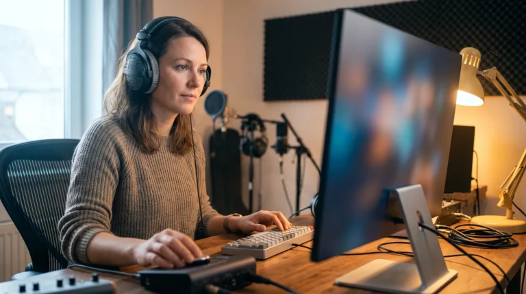 Editor in headphones adjusting an audio interface while reviewing a Japanese text to speech take