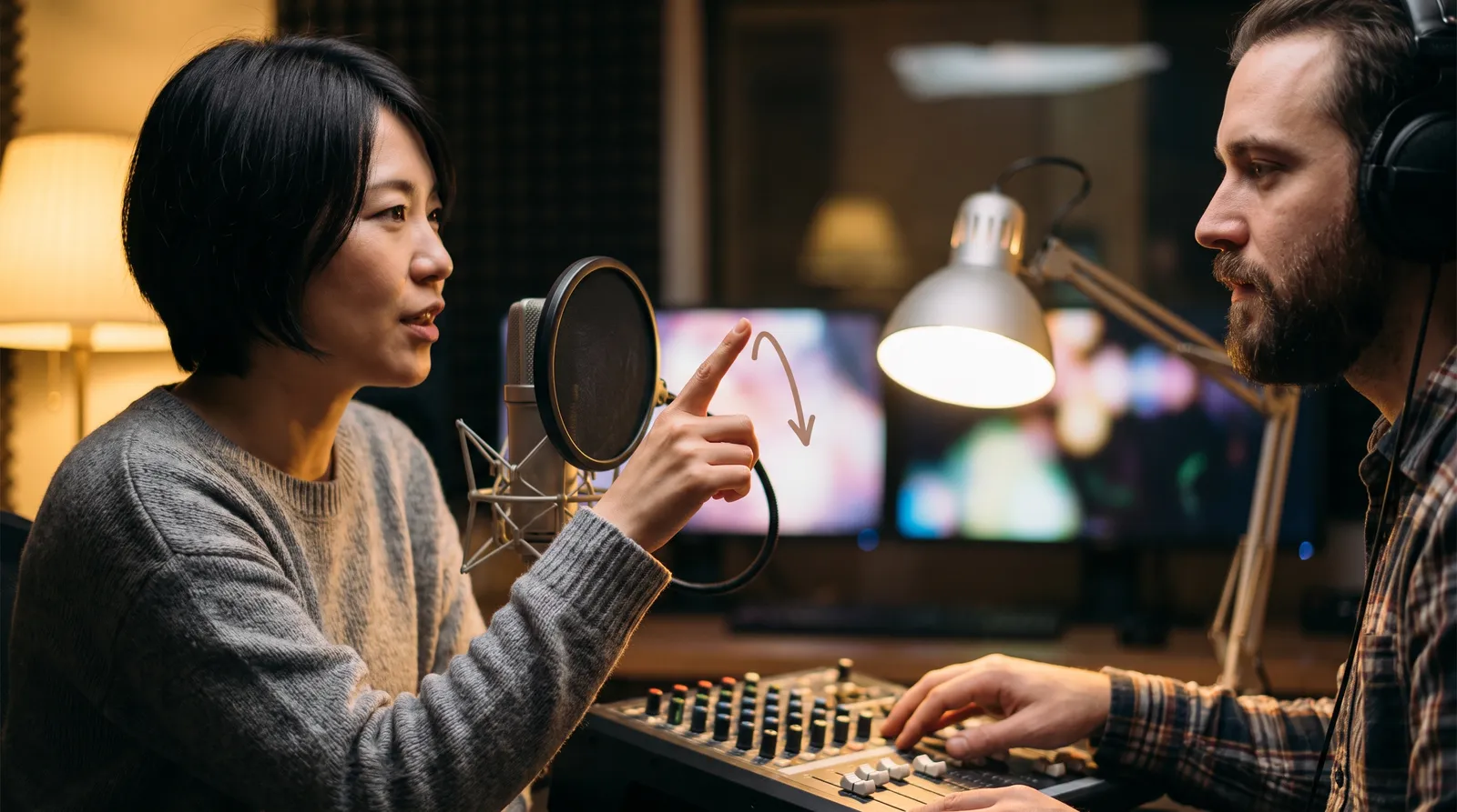 Language specialist gesturing a pitch curve in the air while an audio engineer listens at a mixing desk