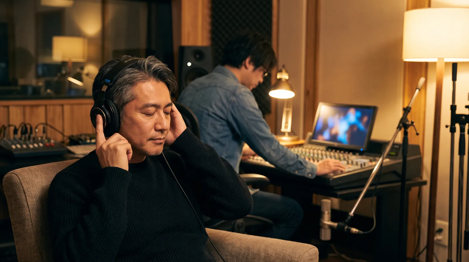 Native reviewer listening with eyes closed on headphones while an editor works at a studio console