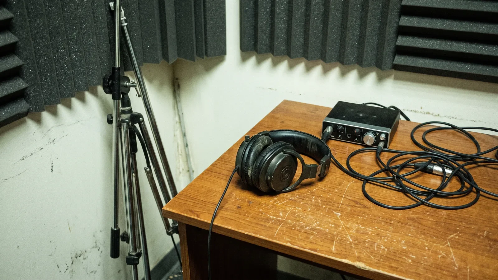 Headphones and small audio interface on a cluttered dubbing QA desk