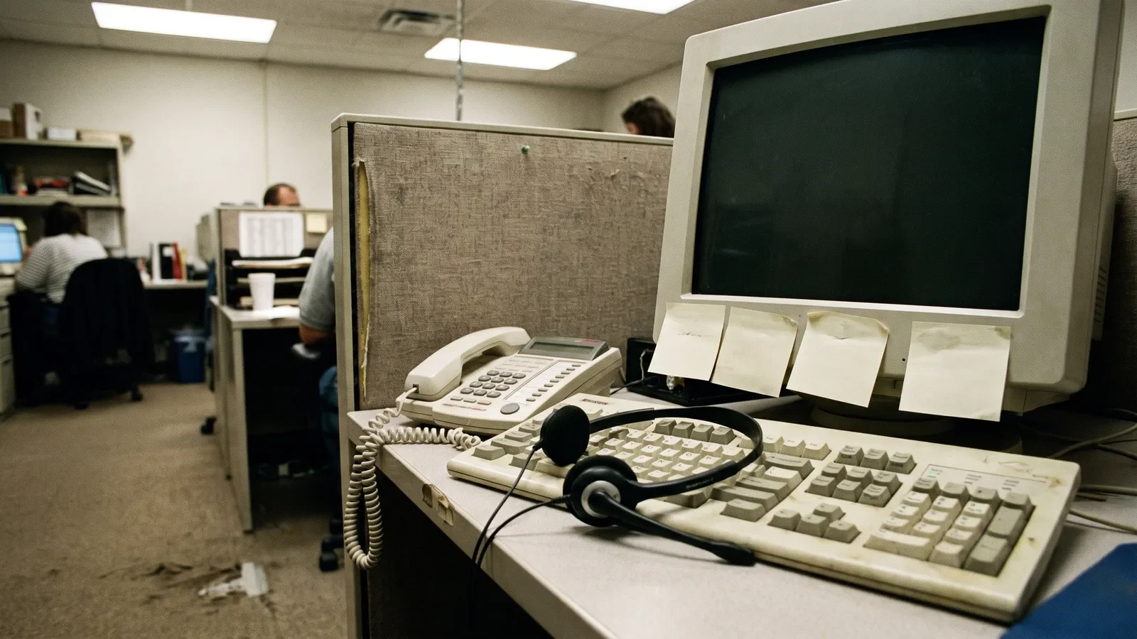 Headset and desk phone on a plain outbound calling workstation