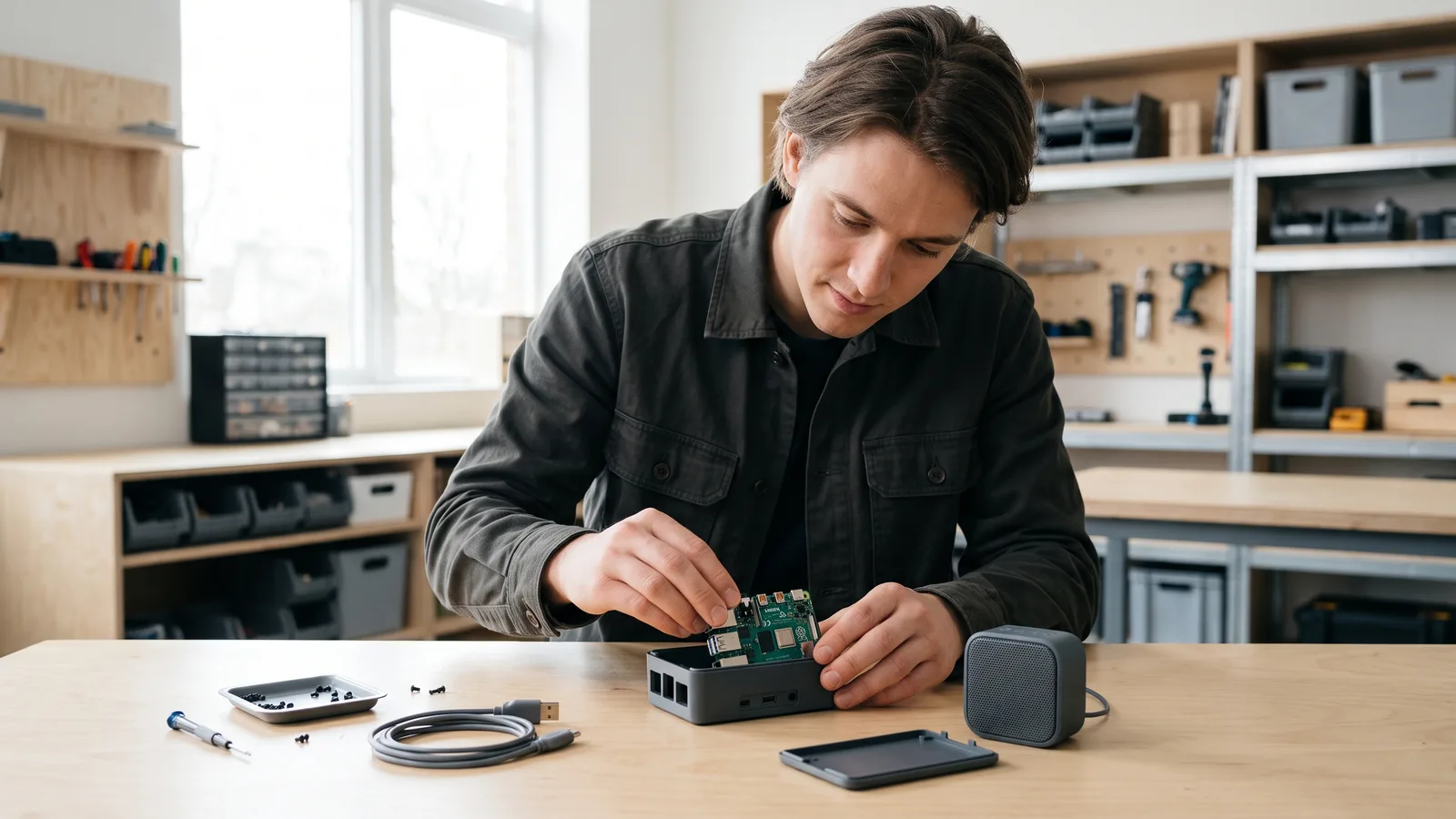 Man at a bright workbench fitting a small circuit board into a case, with a speaker, USB cable and screwdriver nearby