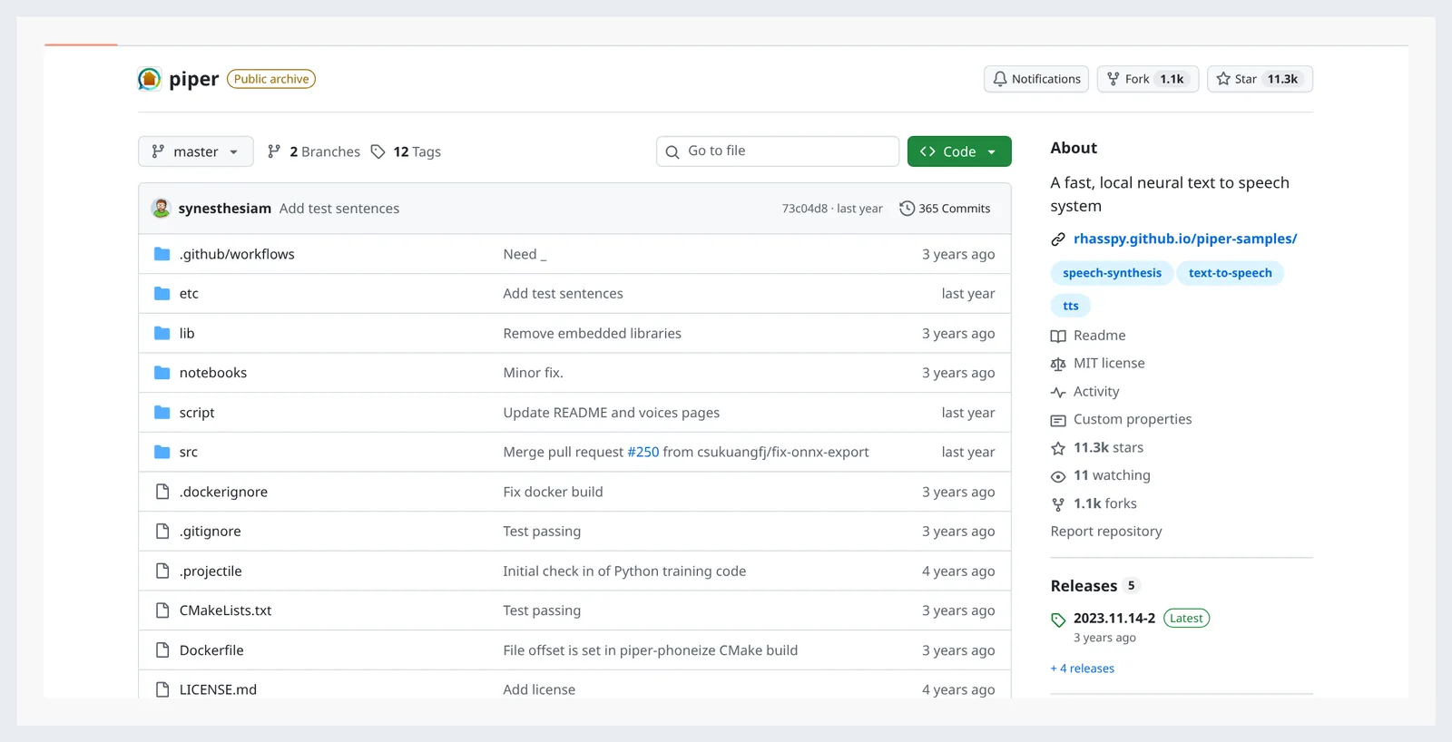 GitHub page for rhasspy/piper showing source file list, commit history and About sidebar with topics