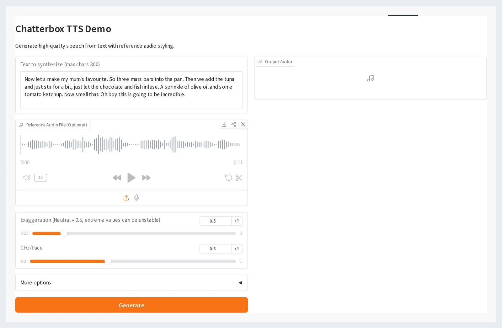 Chatterbox TTS demo UI: text-to-synthesize box, reference audio waveform, exaggeration and CFG/pace sliders, Generate button