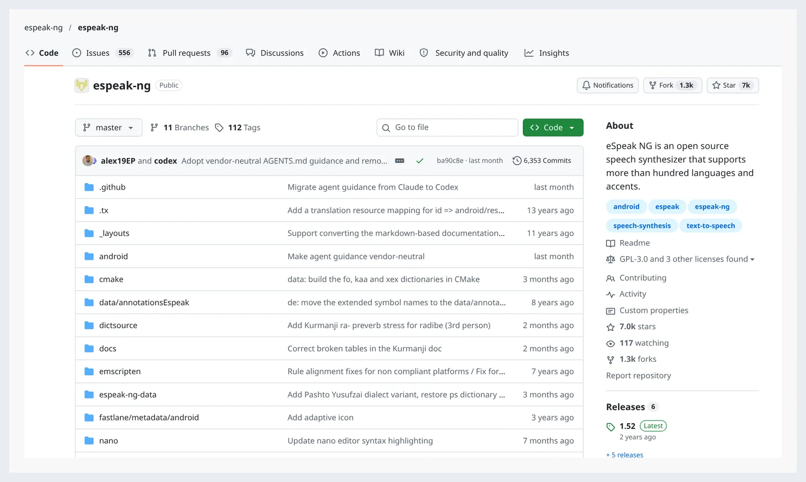 espeak-ng GitHub repository page showing file tree rows, branch/tag selector and About sidebar
