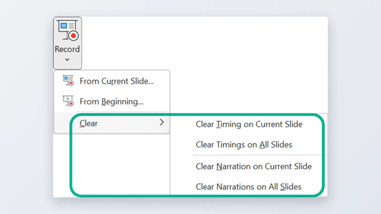 Microsoft PowerPoint screen: Record tab with From Beginning / From Current Slide and mic settings