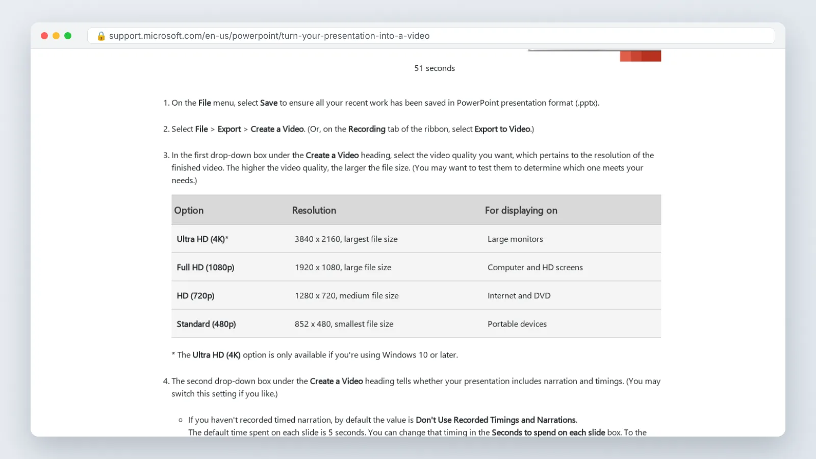 Microsoft PowerPoint screen: File > Export > Create a Video, quality and Use Recorded Timings dropdowns