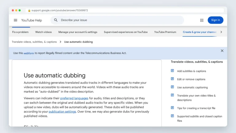 YouTube Help page documenting how to turn off auto dubbing on YouTube for viewers and creators.