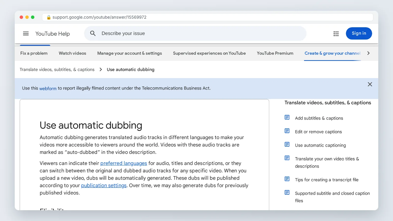 YouTube Help page documenting how to turn off auto dubbing on YouTube for viewers and creators.