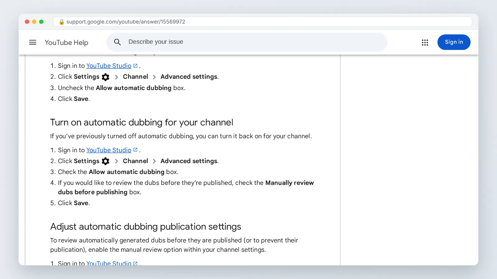 YouTube Studio screen: Settings > Channel > Advanced settings > uncheck Allow automatic dubbing