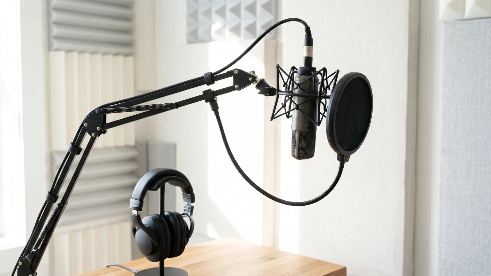 Condenser microphone on a boom arm with shock mount and pop filter, headphones on a stand in a bright room