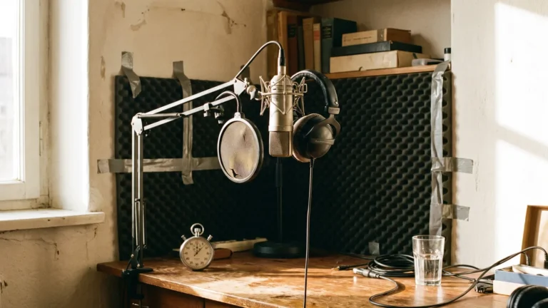 Home recording corner with condenser microphone, pop filter, headphones and a stopwatch on a desk.
