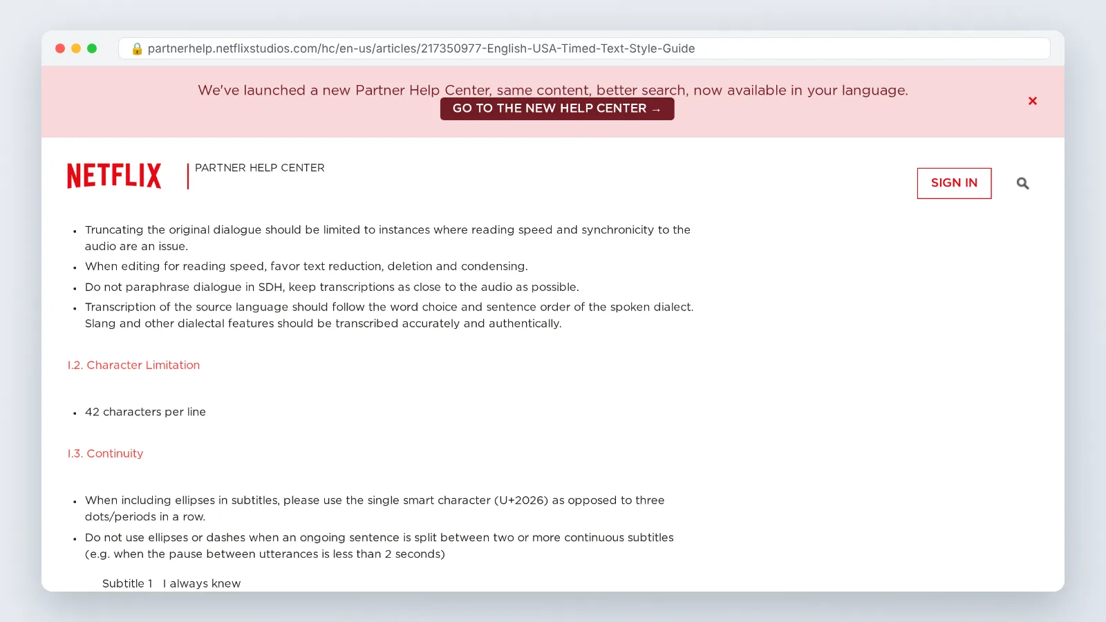 Netflix Partner Help Center English Timed Text Style Guide page showing reading speed limits.