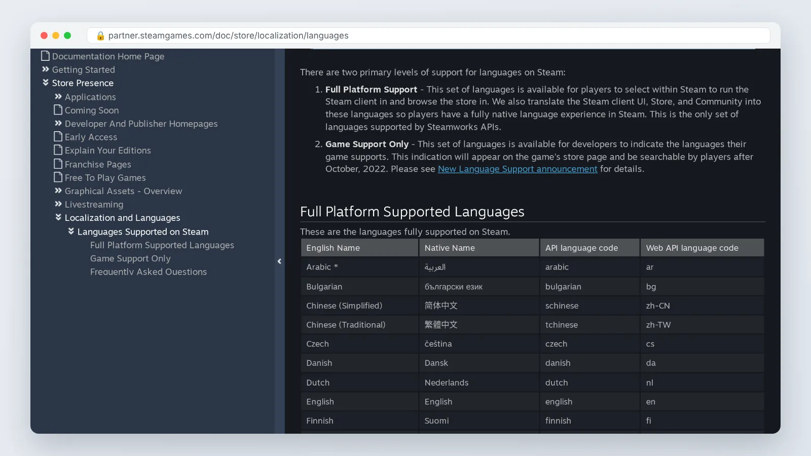 Steamworks documentation page listing Steam supported languages under Full Platform Support