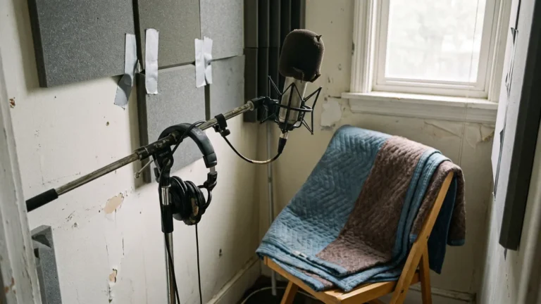 Home dubbing booth with condenser microphone, pop filter, headphones and acoustic foam panels