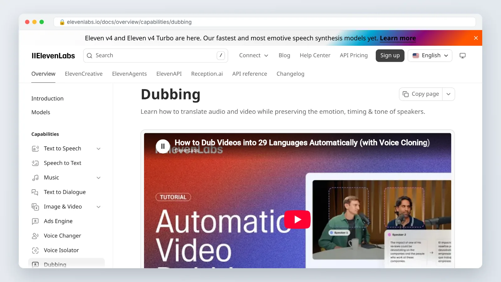 ElevenLabs documentation page describing its Dubbing capability, languages supported and upload limits