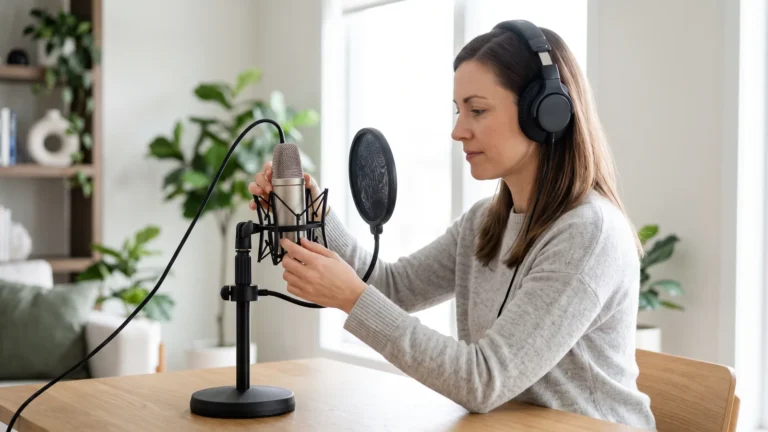 Woman wearing headphones adjusting a condenser microphone in a shock mount with pop filter on a desk stand